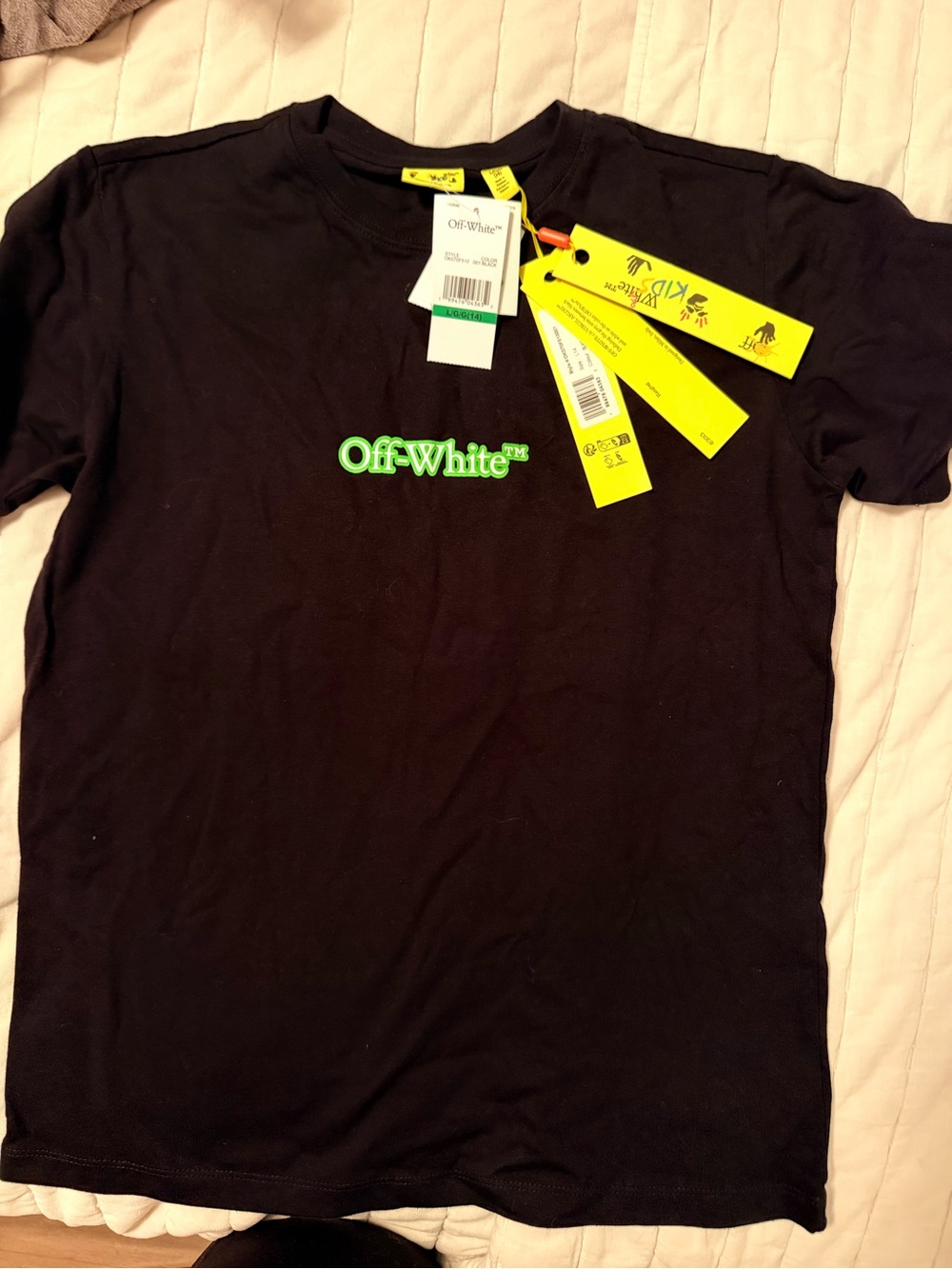 Off-White Black T-Shirt with Neon Green Logo